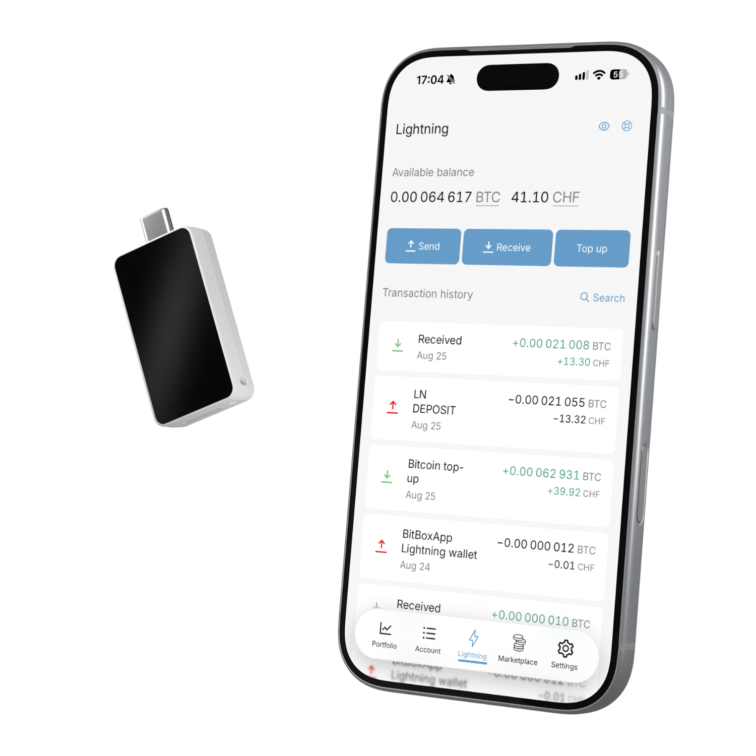BitBox beside a smartphone showing the Lightning wallet in the BitBoxApp