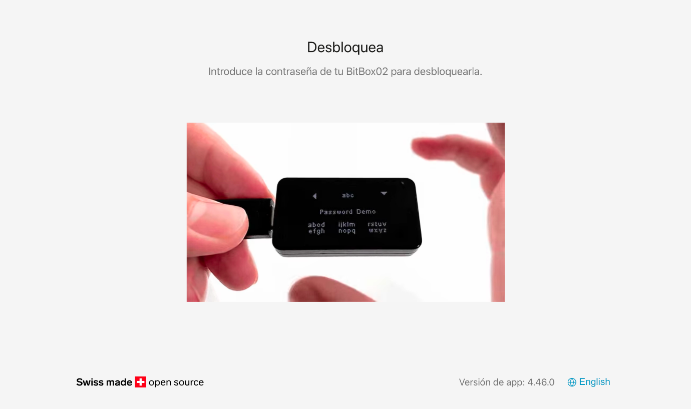 Pantalla de desbloqueo de BitBoxApp