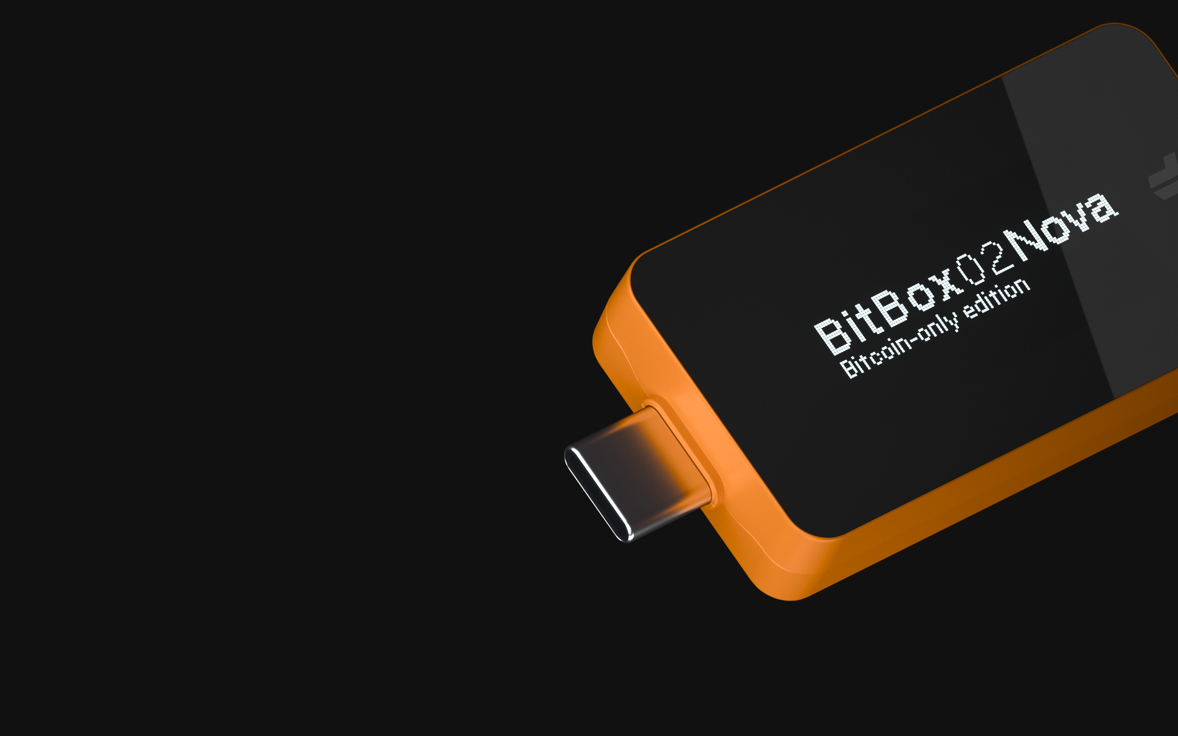 Primer plano de la BitBox02 Nova en Naranja Bitcoin con la pantalla de su firmware Bitcoin-only