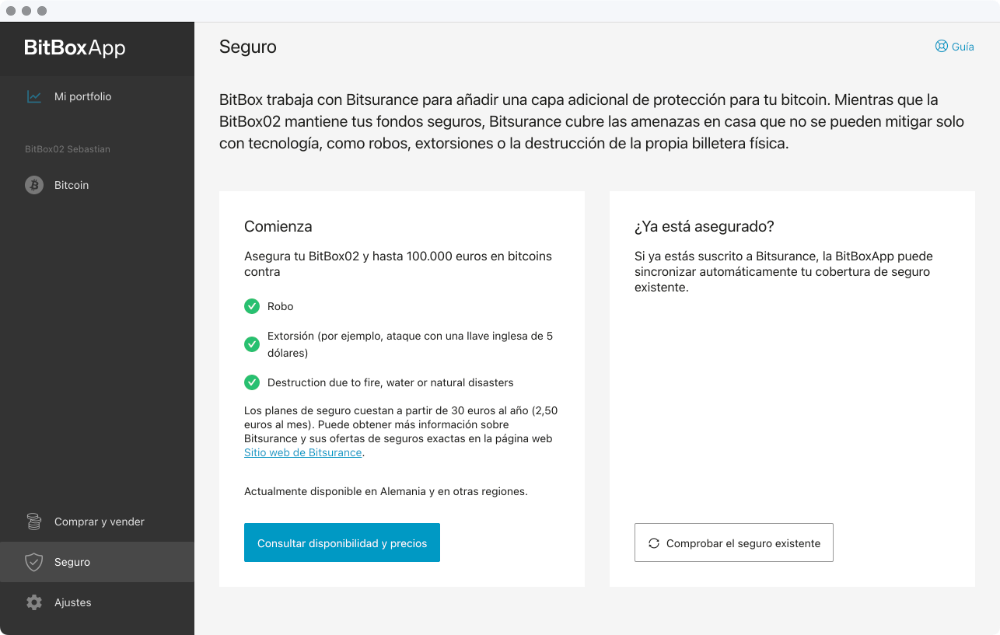 Bitsurance en la BitBoxApp