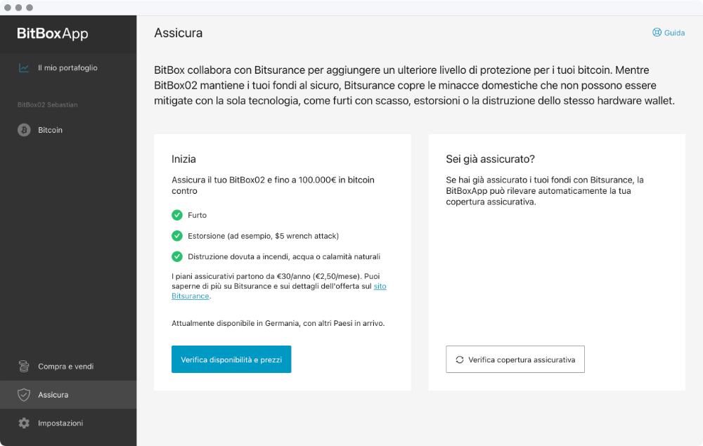 Bitsurance nella BitBoxApp