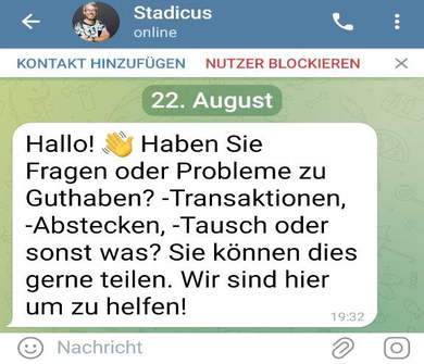 Eine mögliche Textnachricht von Telegram, nachdem du der Gruppe beigetreten bist.